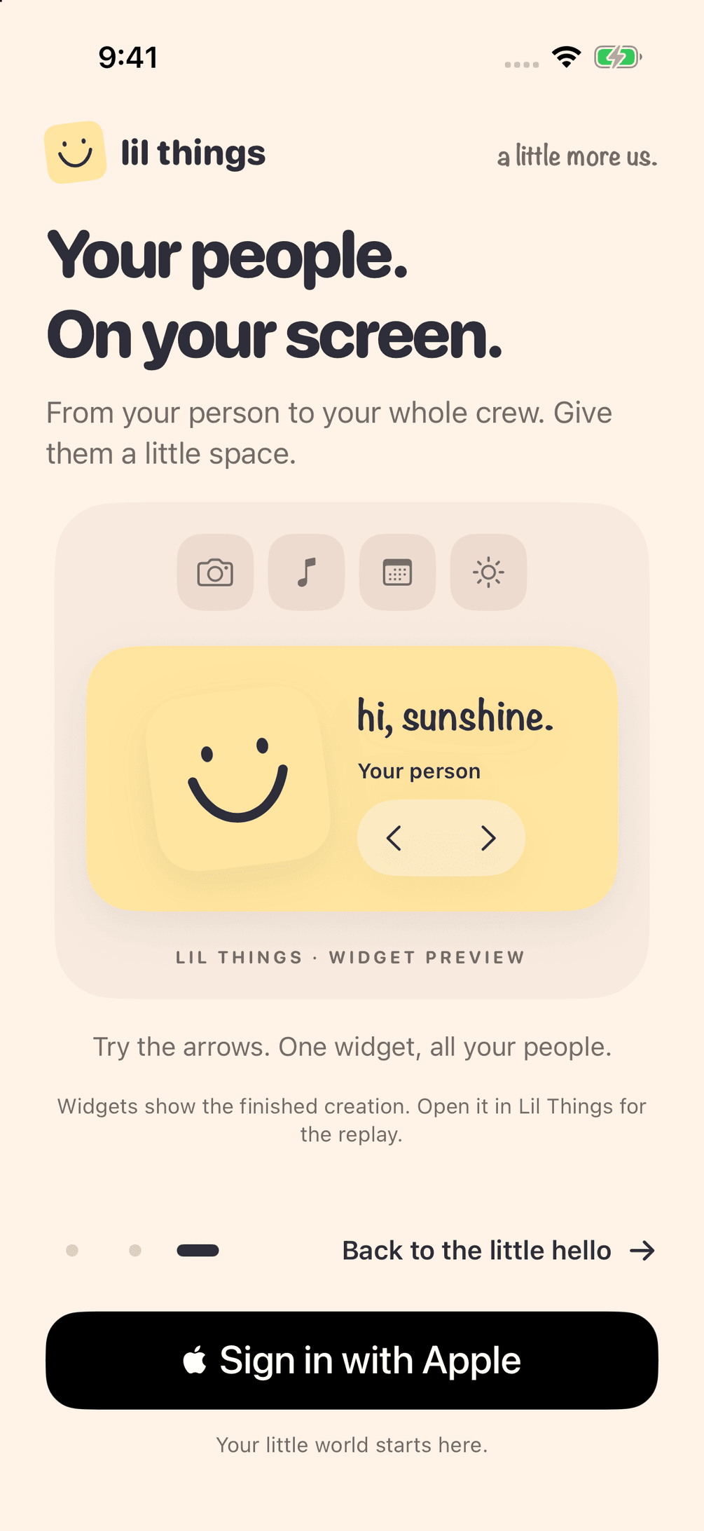 Lil Things screen titled Leave a little reaction, showing love, hug, sparkle, and smile.