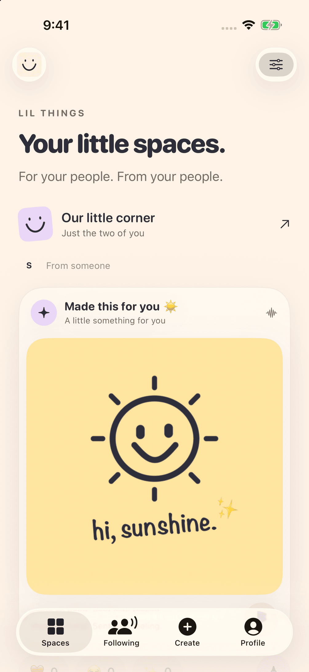 Spaces screen titled Your little spaces, with a shared space called Our little corner and a yellow drawing that says hi, sunshine.