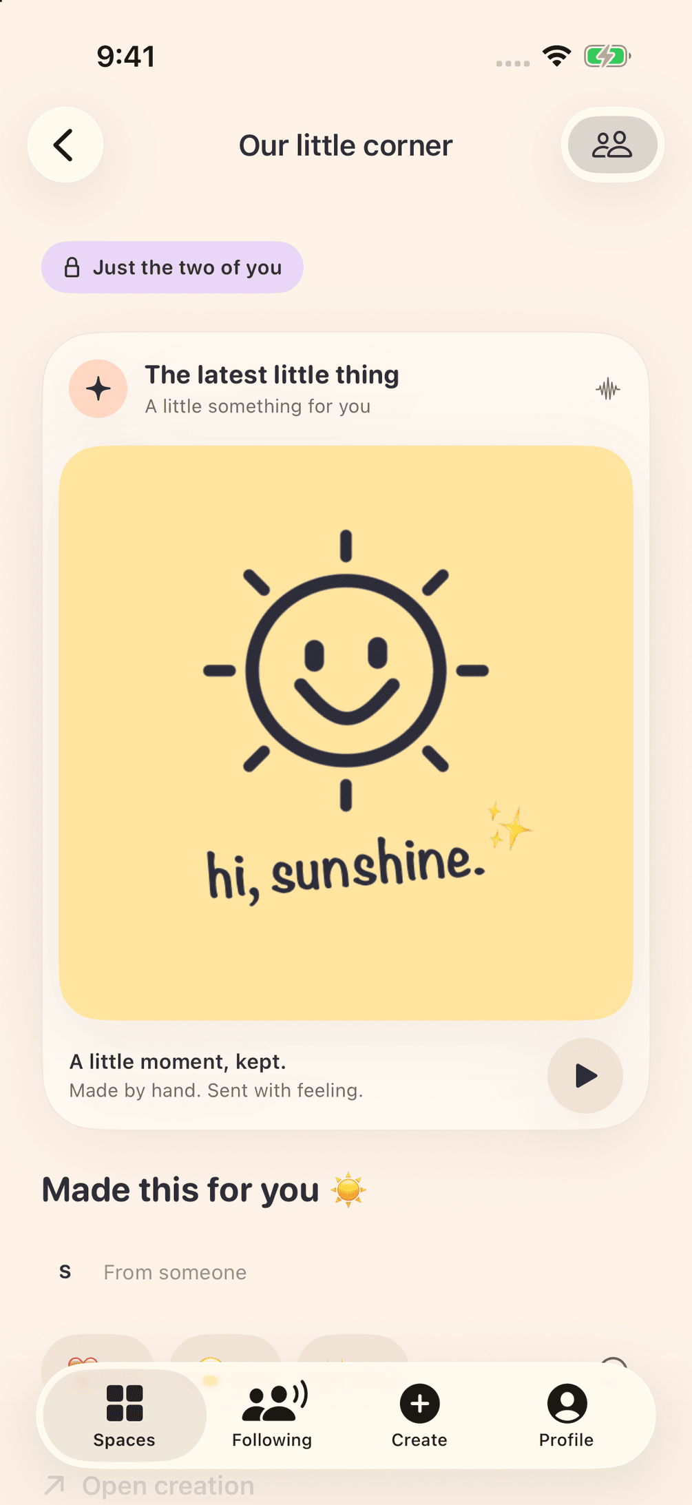 A shared sun drawing that says hi, sunshine, open in a Space, with Watch it happen and reaction buttons.