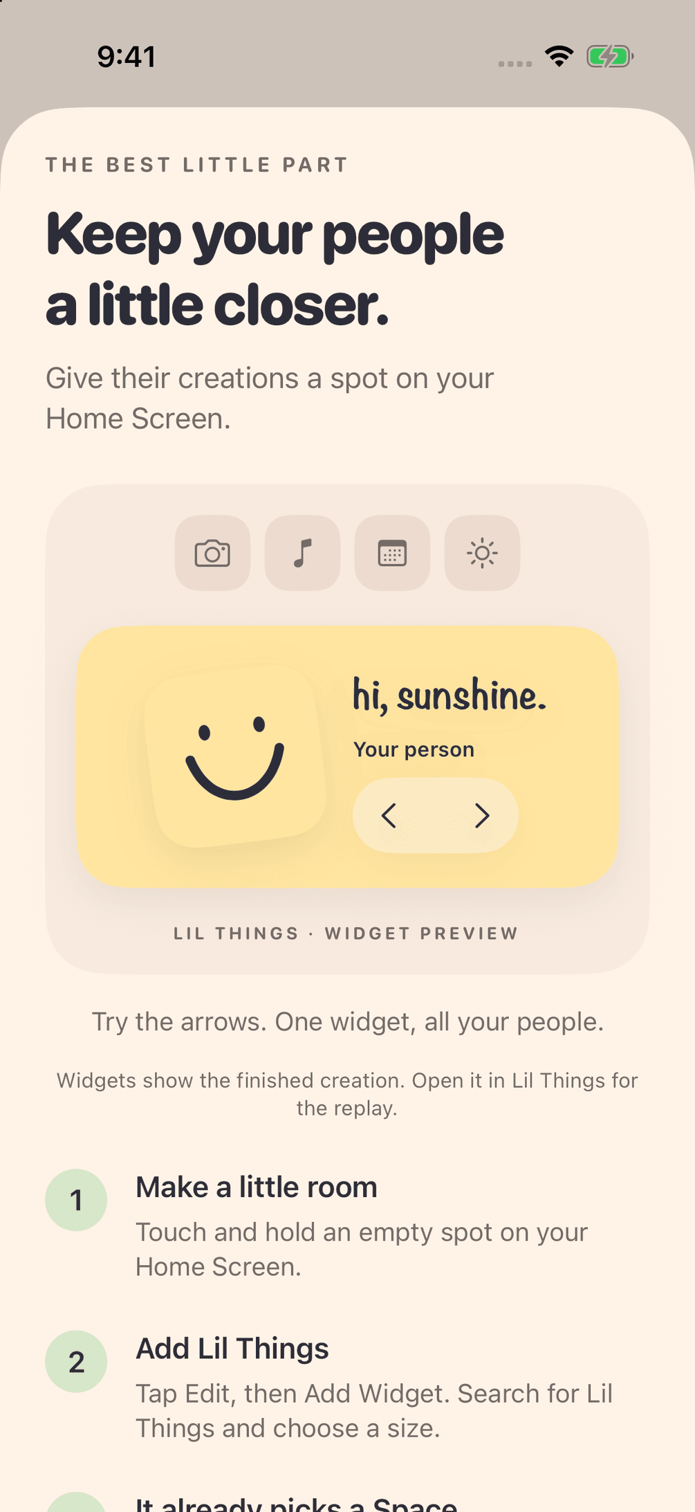Instructions for adding the Lil Things widget, with small, medium, and large previews on a home screen.